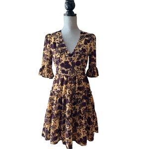 Storia Mustard Midi Dress with Plum Floral Print